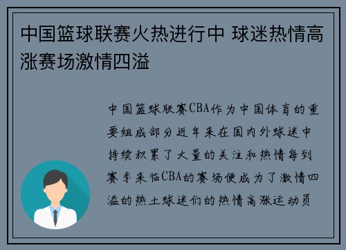 中国篮球联赛火热进行中 球迷热情高涨赛场激情四溢